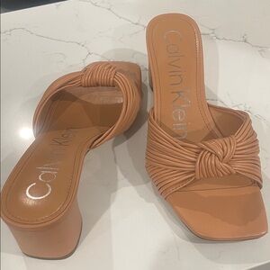 Calvin Klein Women's Tan Block Heel Mules